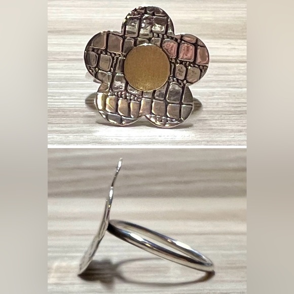 Retro Designer Sterling Silver & Gold Modernist Textured Flower Ring, Size 8 - Picture 1 of 10